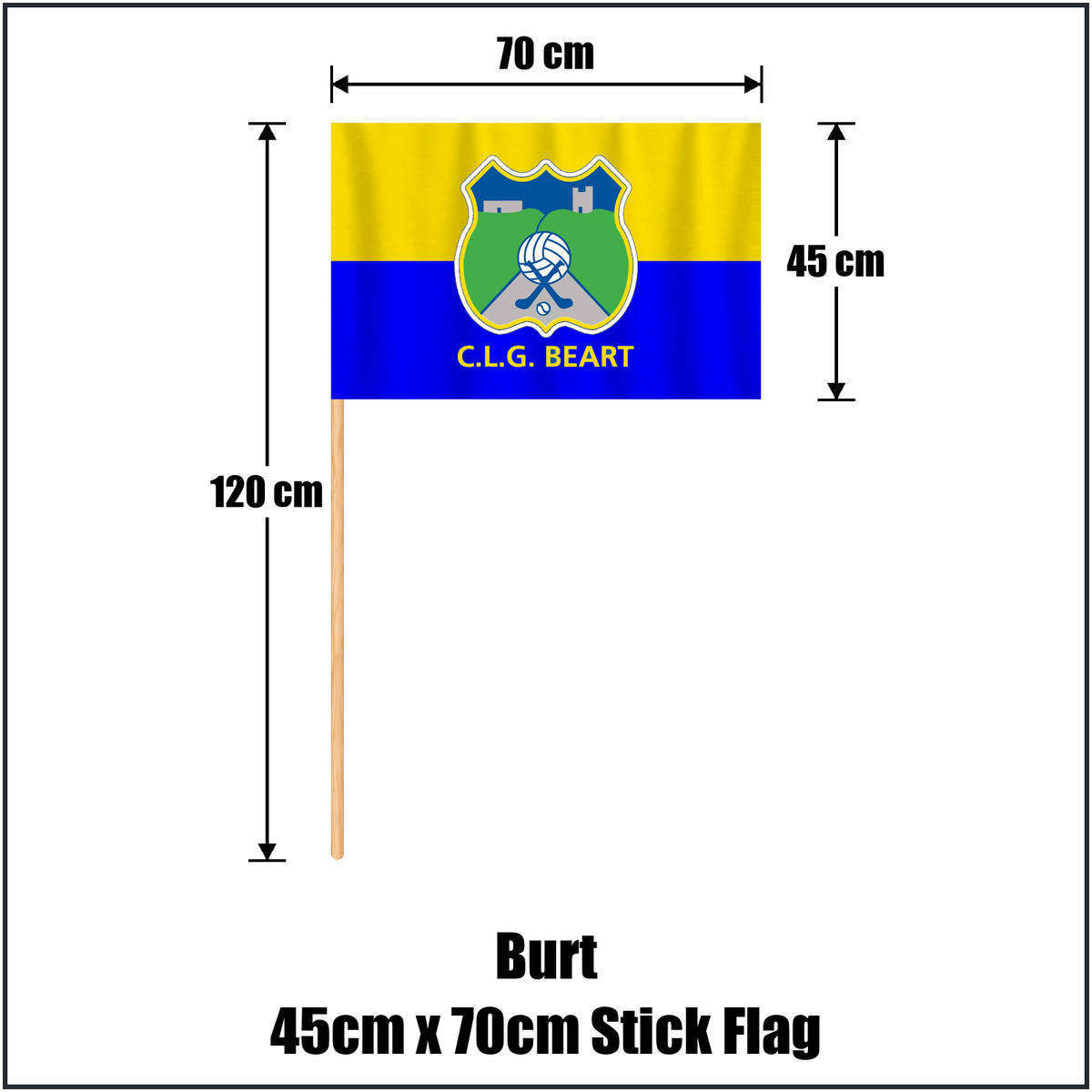 Burt 45cm x 70cm Stick Flag, featuring the club crest and blue and primrose yellow colours; County Donegal GAA. ClubFlags.ie.