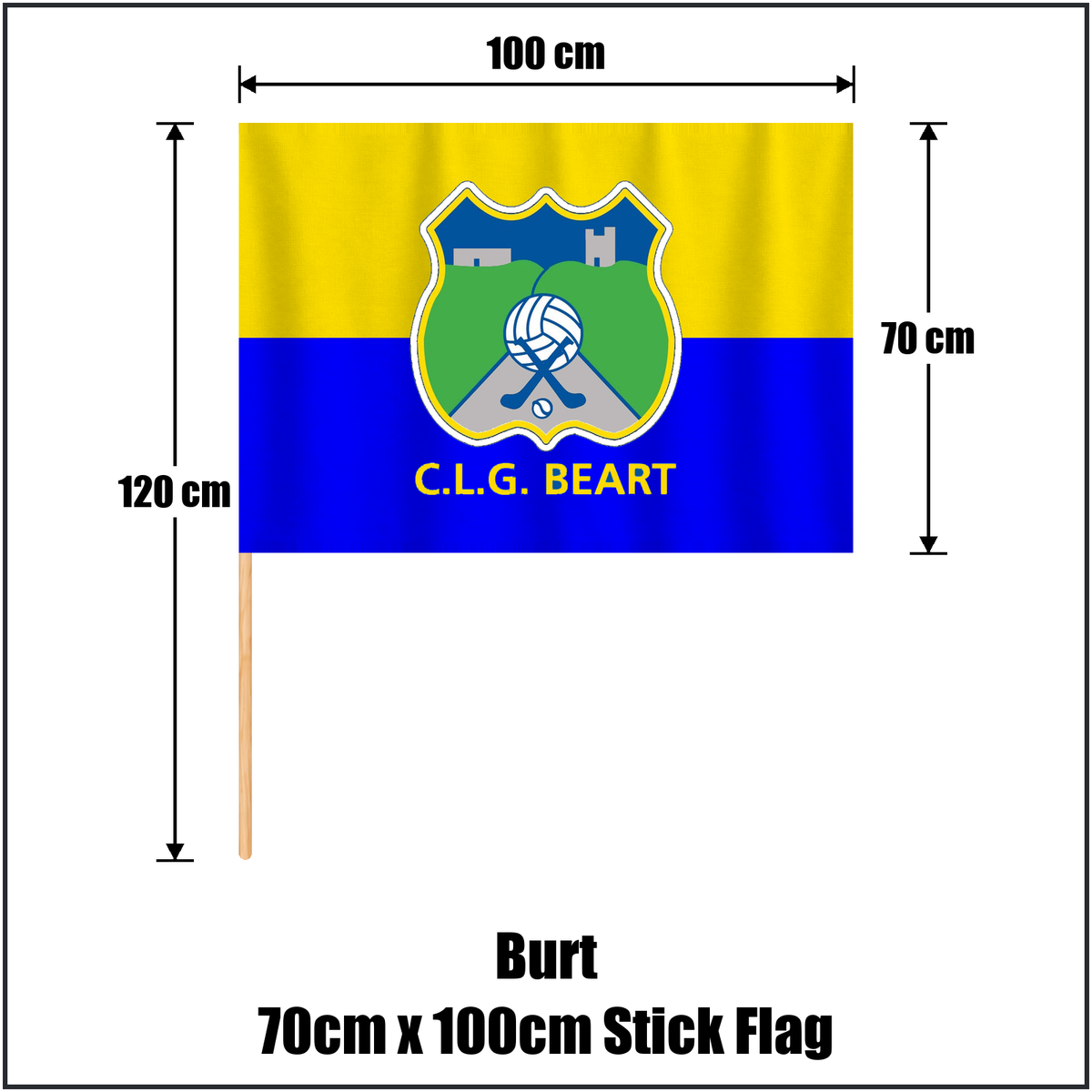 Burt 70cm x 100cm Stick Flag, featuring the club crest and blue and primrose yellow colours; County Donegal GAA. ClubFlags.ie.