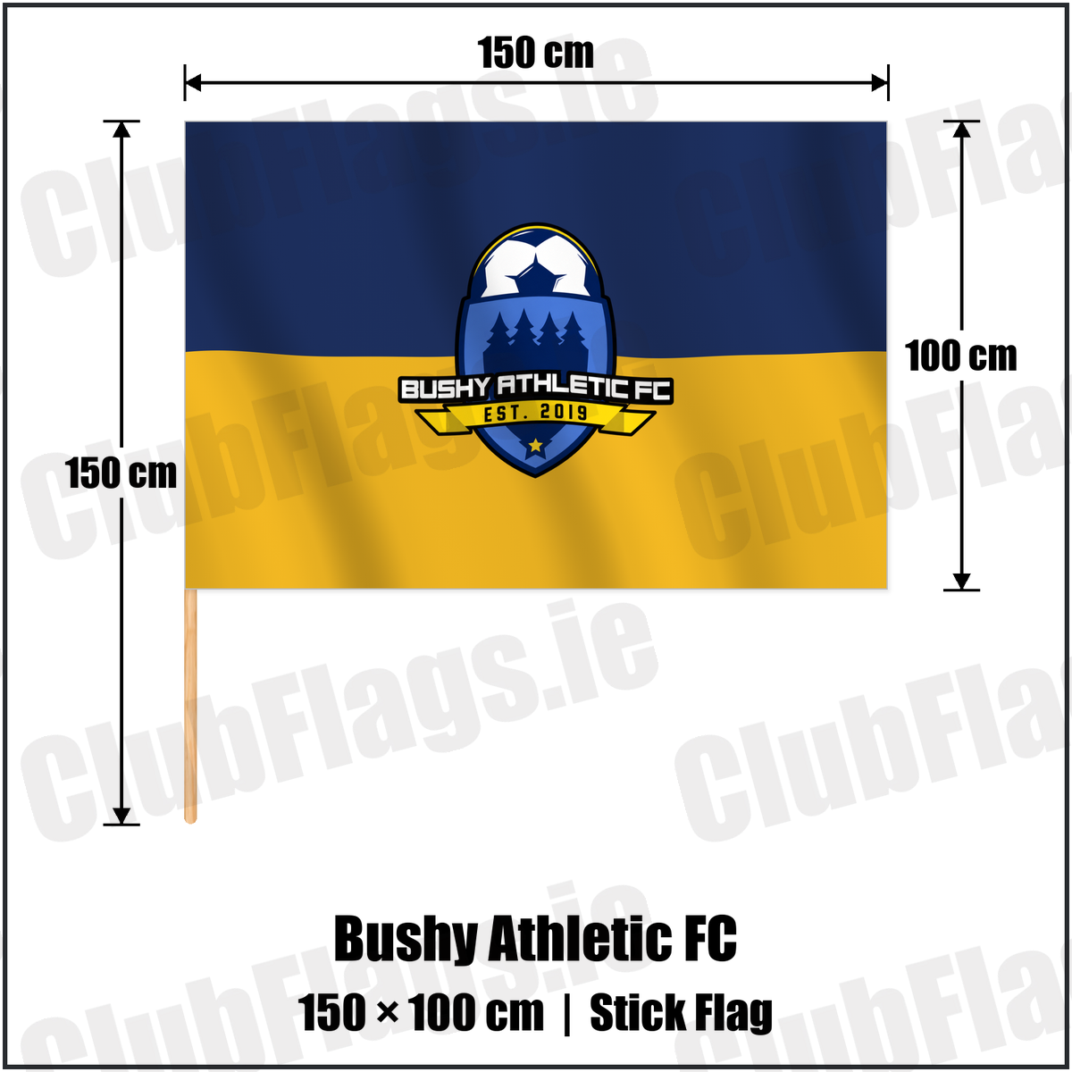 Bushy Athletic FC 100cm x 150cm Stick Flag with the verified club crest and colours, Dublin Football - ClubFlags.ie