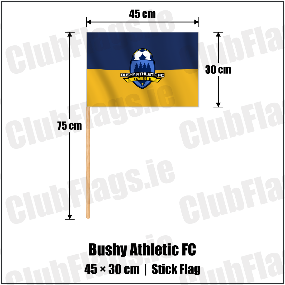 Bushy Athletic FC 30cm x 45cm Stick Flag with the verified club crest and colours, Dublin Football - ClubFlags.ie