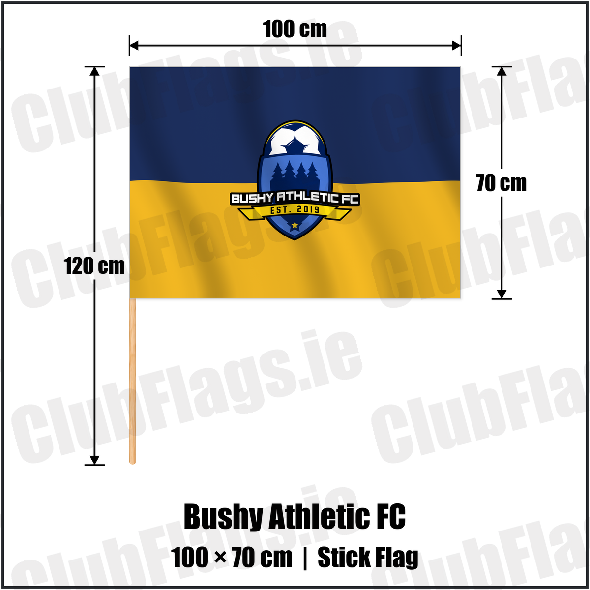 Bushy Athletic FC 70cm x 100cm Stick Flag with the verified club crest and colours, Dublin Football - ClubFlags.ie