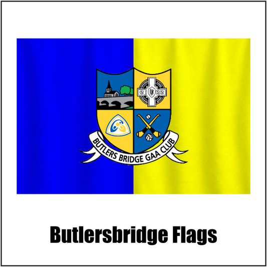 Butlersbridge Flags, featuring the club crest and blue and yellow colours; County Cavan GAA. ClubFlags.ie.