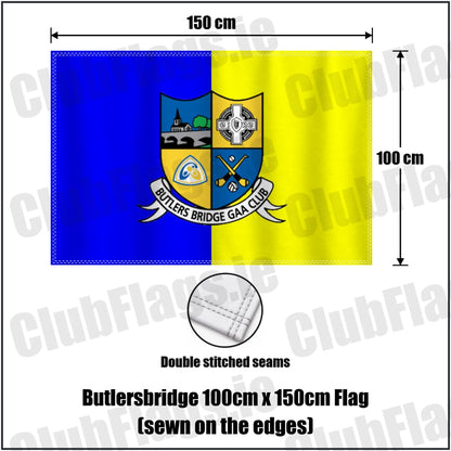 Butlersbridge 100cm x 150cm Flag (sewn on the edges) in blue and yellow, featuring the club crest on realistic fabric with gentle vertical folds; County Cavan GAA. ClubFlags.ie.