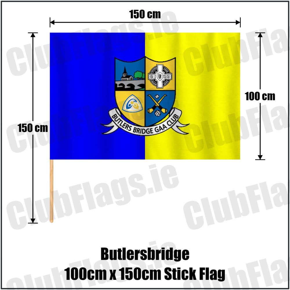 Butlersbridge 100cm x 150cm Stick Flag in blue and yellow, featuring the club crest on realistic fabric with gentle vertical folds; County Cavan GAA. ClubFlags.ie.