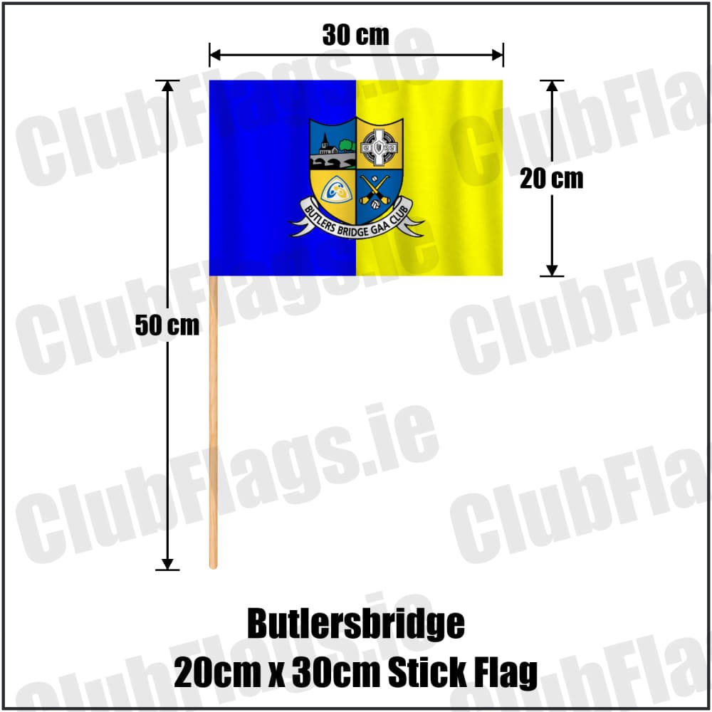 Butlersbridge 20cm x 30cm Stick Flag in blue and yellow, featuring the club crest on realistic fabric with gentle vertical folds; County Cavan GAA. ClubFlags.ie.