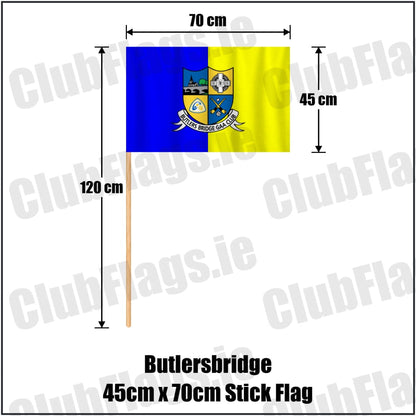 Butlersbridge 45cm x 70cm Stick Flag in blue and yellow, featuring the club crest on realistic fabric with gentle vertical folds; County Cavan GAA. ClubFlags.ie.