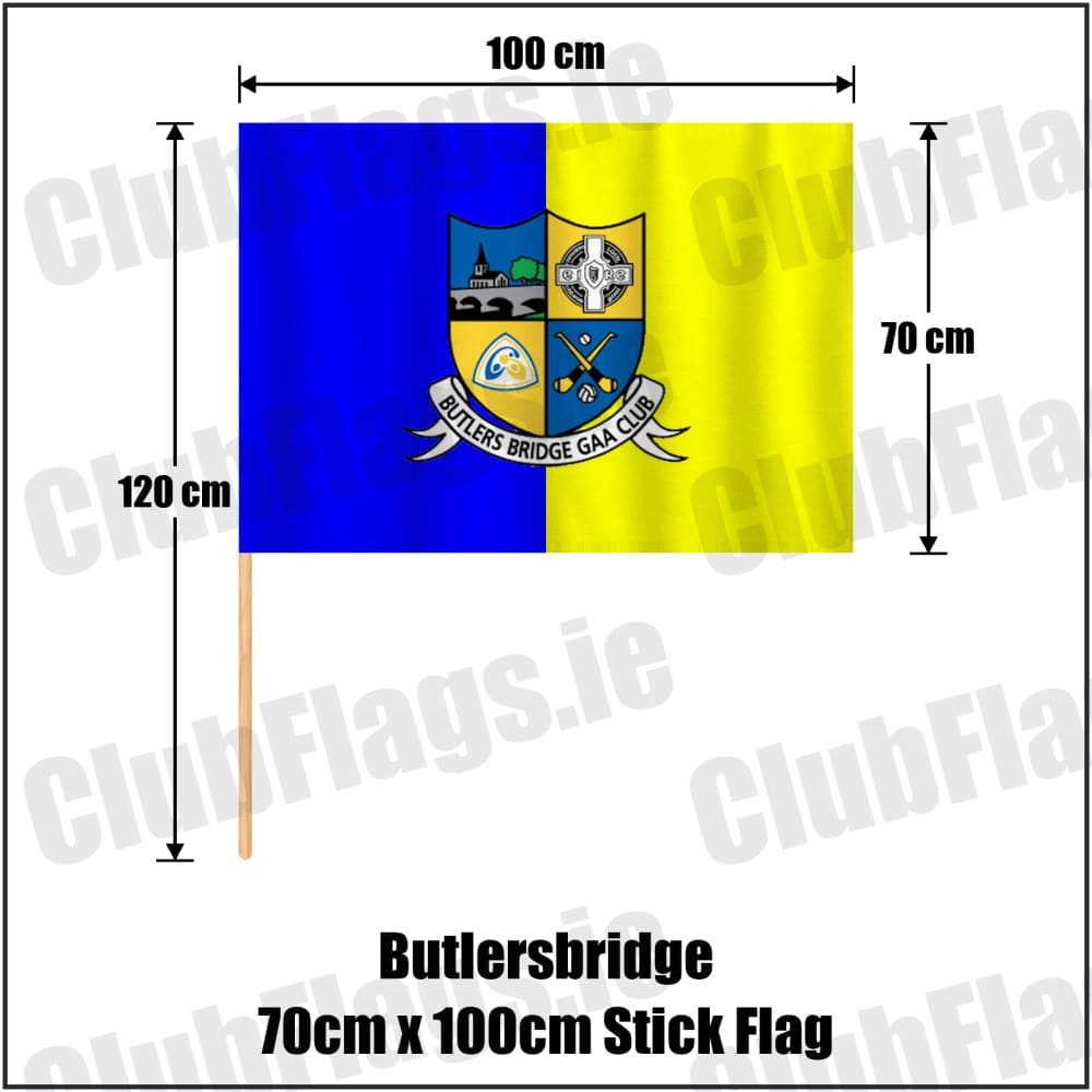 Butlersbridge 70cm x 100cm Stick Flag in blue and yellow, featuring the club crest on realistic fabric with gentle vertical folds; County Cavan GAA. ClubFlags.ie.