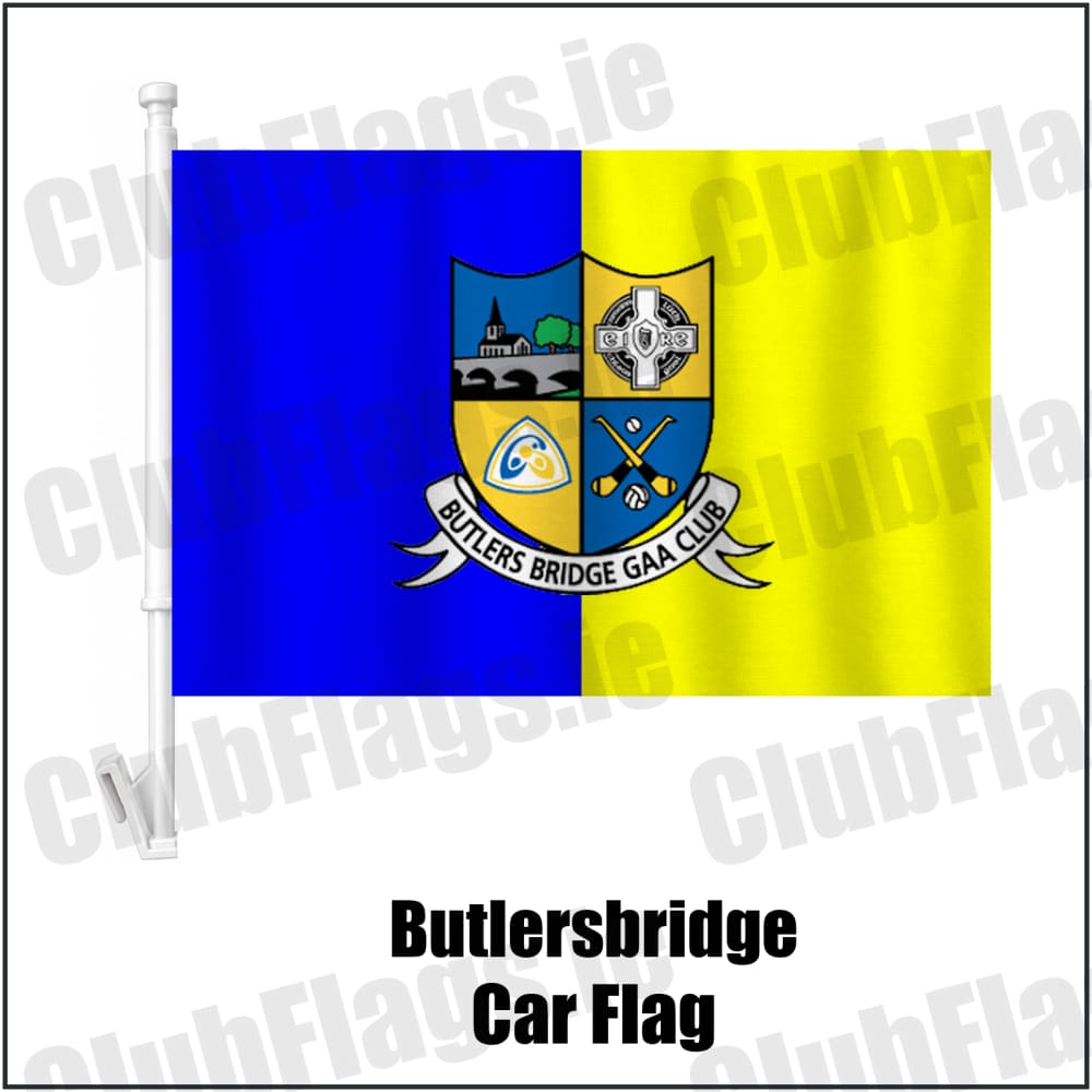 Butlersbridge Car Flag in blue and yellow, featuring the club crest on realistic fabric with gentle vertical folds; County Cavan GAA. ClubFlags.ie.