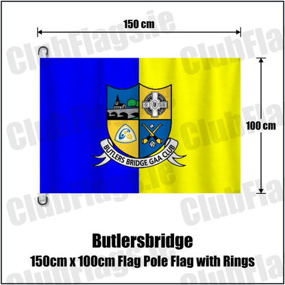 Butlersbridge 150cm x 100cm Flag Pole Flag with Rings in blue and yellow, featuring the club crest on realistic fabric with gentle vertical folds; County Cavan GAA. ClubFlags.ie.