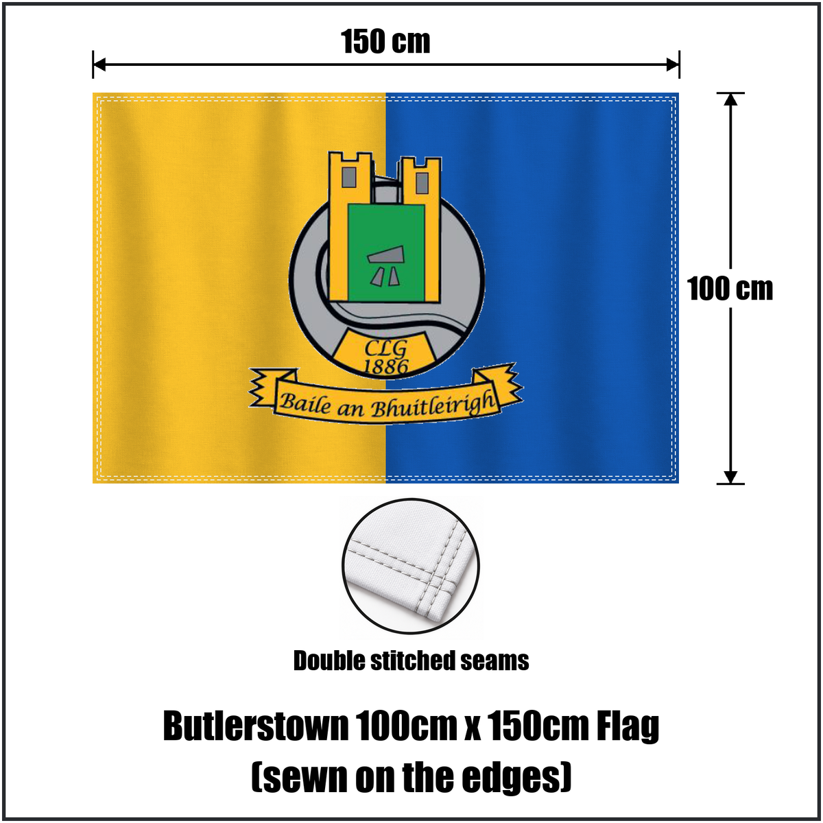 Butlerstown 100cm x 150cm Flag (sewn on the edges), featuring the club crest and yellow and blue colours; County Waterford GAA. ClubFlags.ie.