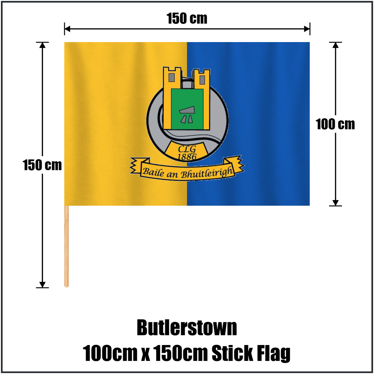 Butlerstown 100cm x 150cm Stick Flag, featuring the club crest and yellow and blue colours; County Waterford GAA. ClubFlags.ie.