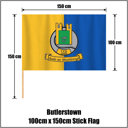 Butlerstown 100cm x 150cm Stick Flag, featuring the club crest and yellow and blue colours; County Waterford GAA. ClubFlags.ie.
