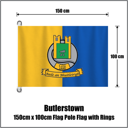Butlerstown 150cm x 100cm Flag Pole Flag with Rings, featuring the club crest and yellow and blue colours; County Waterford GAA. ClubFlags.ie.