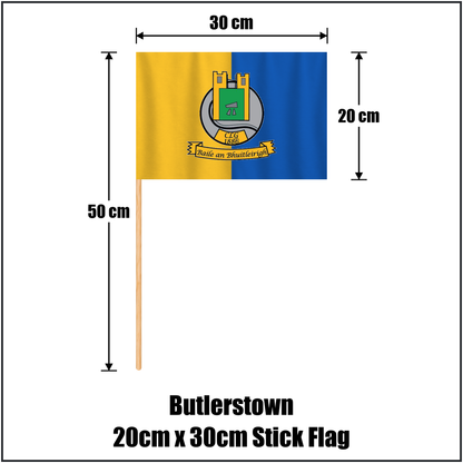 Butlerstown 20cm x 30cm Stick Flag, featuring the club crest and yellow and blue colours; County Waterford GAA. ClubFlags.ie.