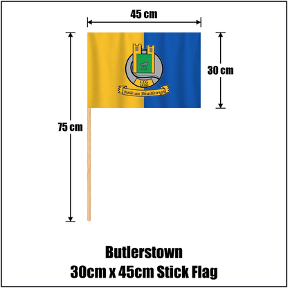 Butlerstown 30cm x 45cm Stick Flag, featuring the club crest and yellow and blue colours; County Waterford GAA. ClubFlags.ie.