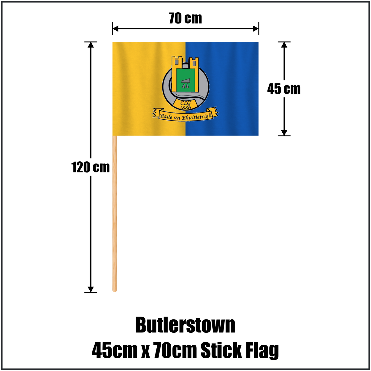 Butlerstown 45cm x 70cm Stick Flag, featuring the club crest and yellow and blue colours; County Waterford GAA. ClubFlags.ie.