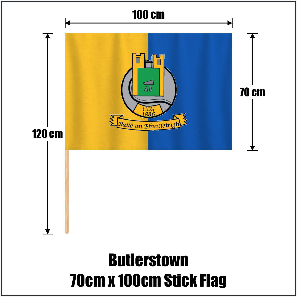 Butlerstown 70cm x 100cm Stick Flag, featuring the club crest and yellow and blue colours; County Waterford GAA. ClubFlags.ie.