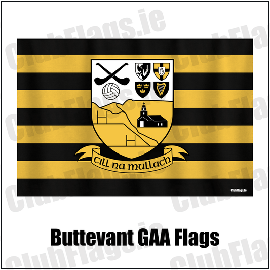 Buttevant GAA Flags, featuring the club crest and black and amber colours; County Cork GAA. ClubFlags.ie.
