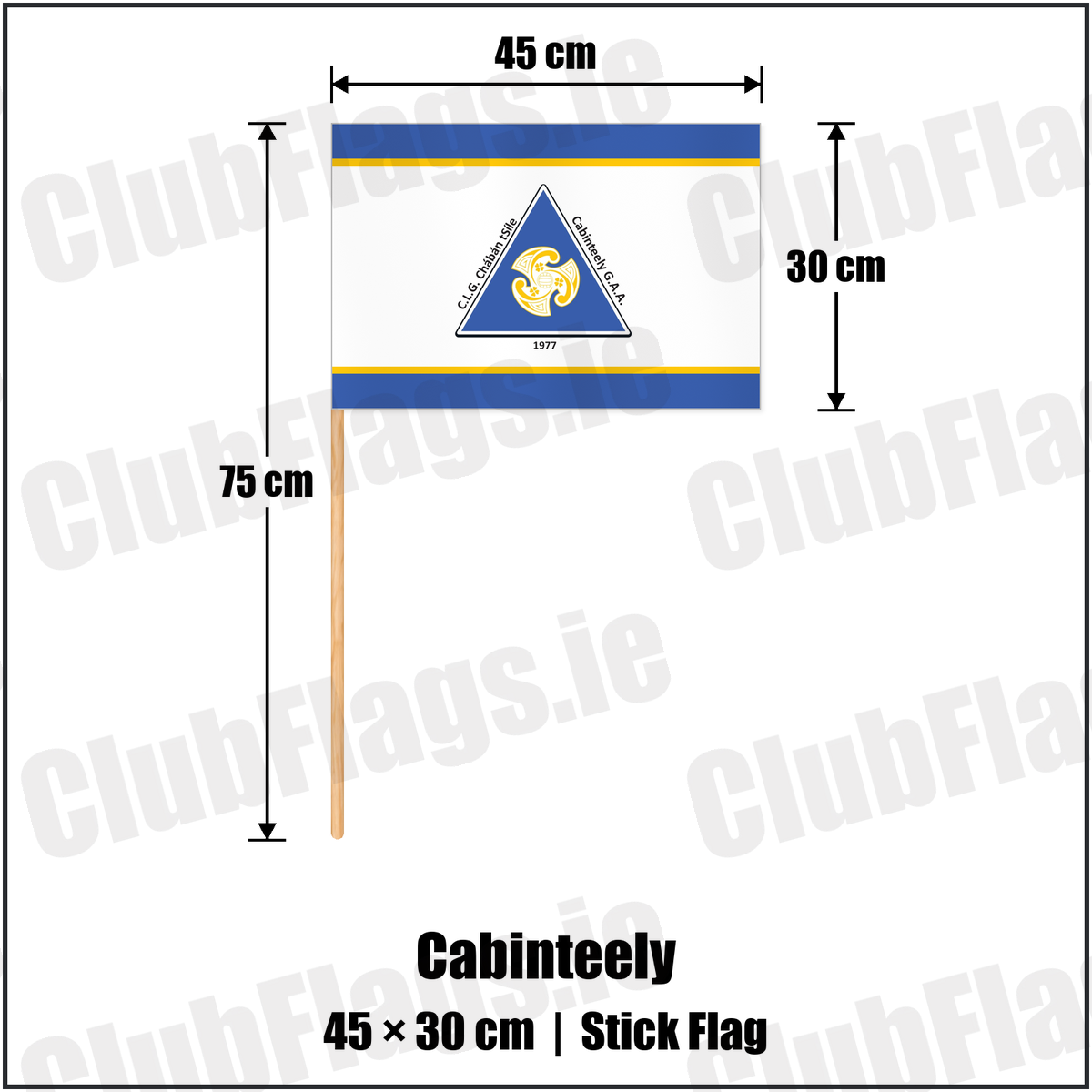 Cabinteely 30cm x 45cm Stick Flag with the club crest and colours, Dublin GAA - ClubFlags.ie