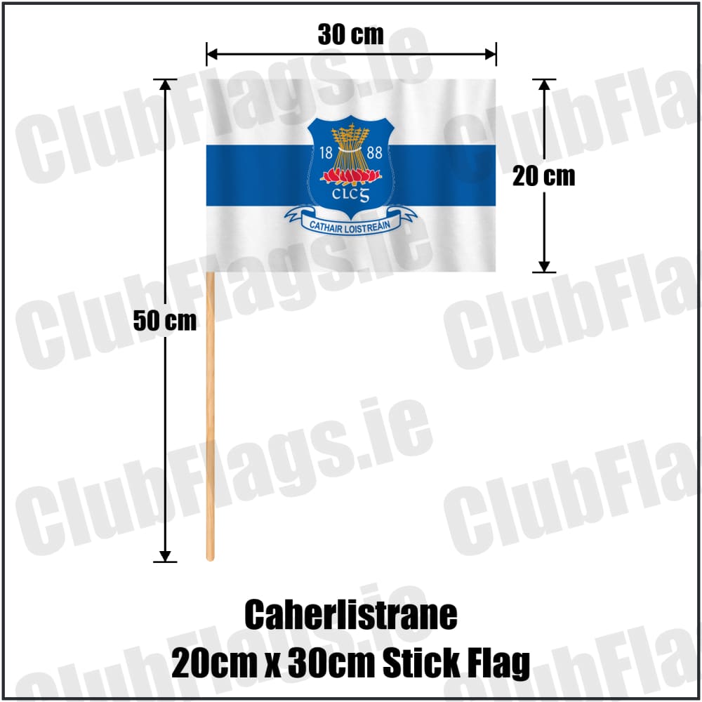 Caherlistrane 20cm x 30cm Stick Flag in white and royal blue, featuring the club crest on realistic fabric with gentle vertical folds; County Galway GAA. ClubFlags.ie.