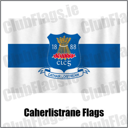 Caherlistrane Flags in white and royal blue, featuring the club crest on realistic fabric with gentle vertical folds; County Galway GAA. ClubFlags.ie.