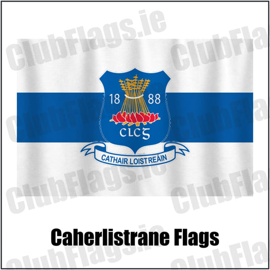 Caherlistrane Flags in white and royal blue, featuring the club crest on realistic fabric with gentle vertical folds; County Galway GAA. ClubFlags.ie.