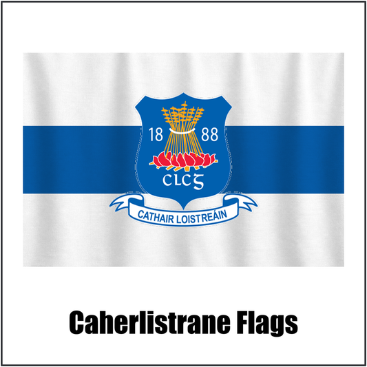 Caherlistrane Flags, featuring the club crest and white and royal blue colours; County Galway GAA. ClubFlags.ie.