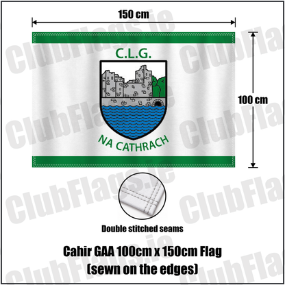 Cahir GAA 100cm x 150cm Flag (sewn on the edges), featuring the club crest and green and white colours; County Tipperary GAA. ClubFlags.ie.