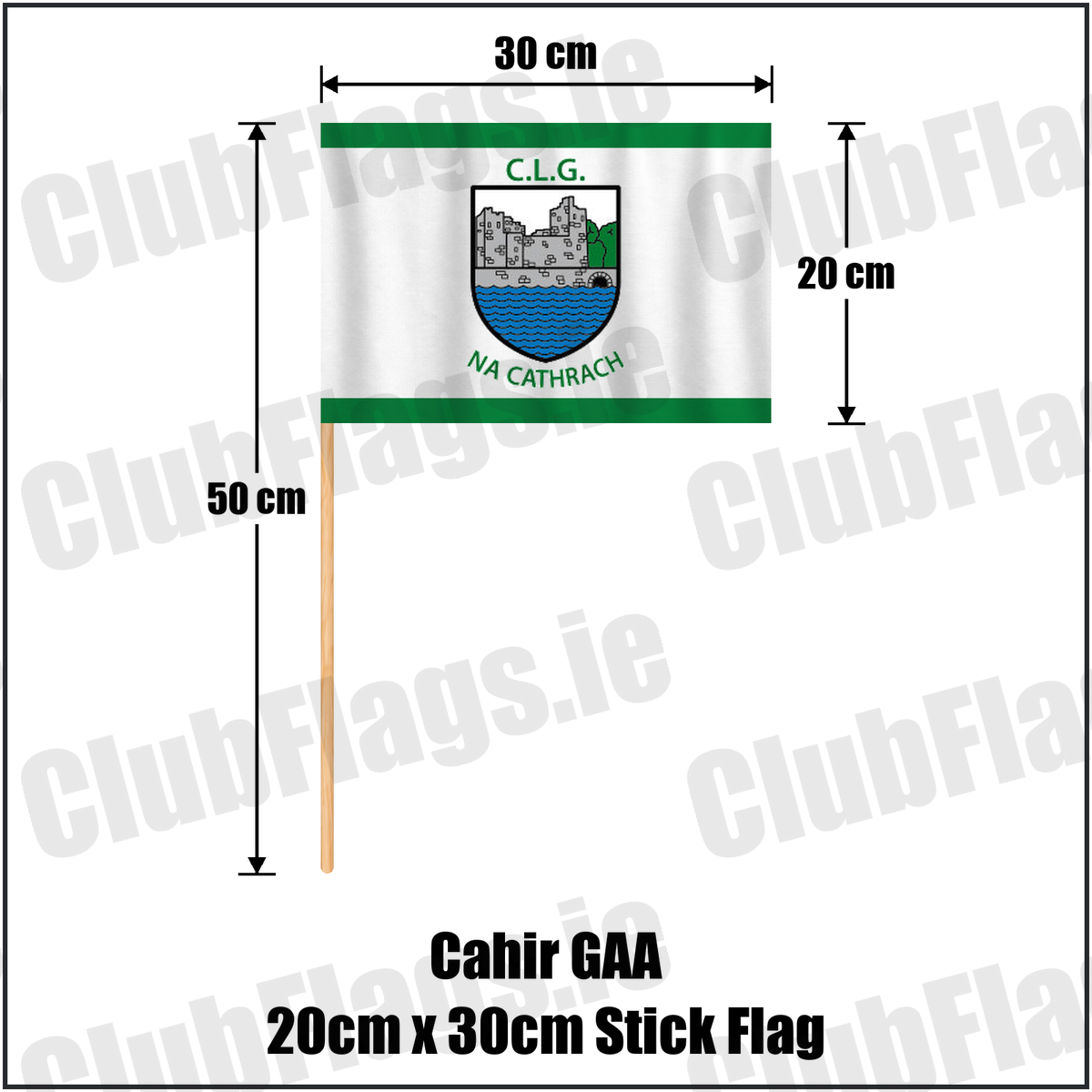 Cahir GAA 20cm x 30cm Stick Flag, featuring the club crest and green and white colours; County Tipperary GAA. ClubFlags.ie.