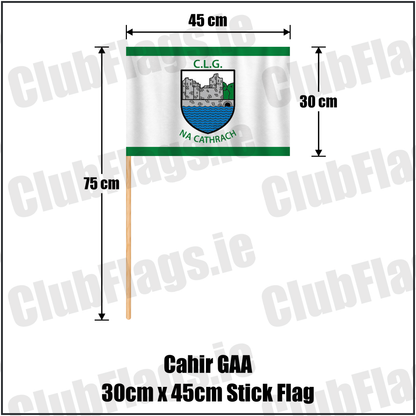 Cahir GAA 30cm x 45cm Stick Flag, featuring the club crest and green and white colours; County Tipperary GAA. ClubFlags.ie.