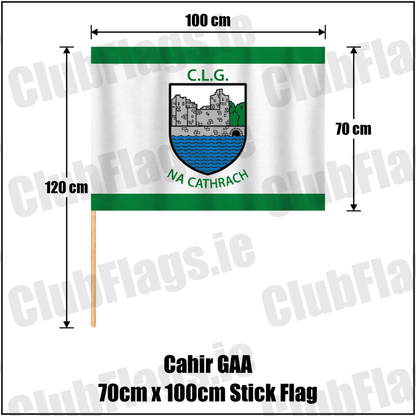 Cahir GAA 70cm x 100cm Stick Flag, featuring the club crest and green and white colours; County Tipperary GAA. ClubFlags.ie.