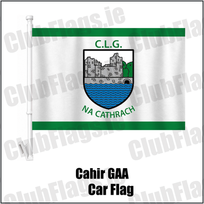 Cahir GAA Car Flag, featuring the club crest and green and white colours; County Tipperary GAA. ClubFlags.ie.