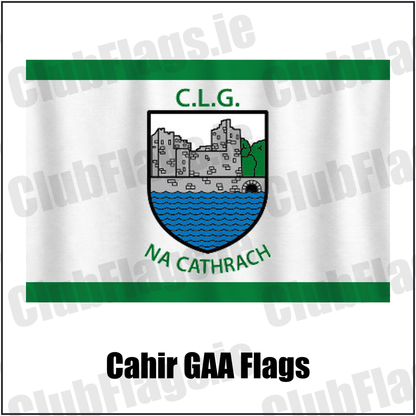 Cahir GAA Flags, featuring the club crest and green and white colours; County Tipperary GAA. ClubFlags.ie.