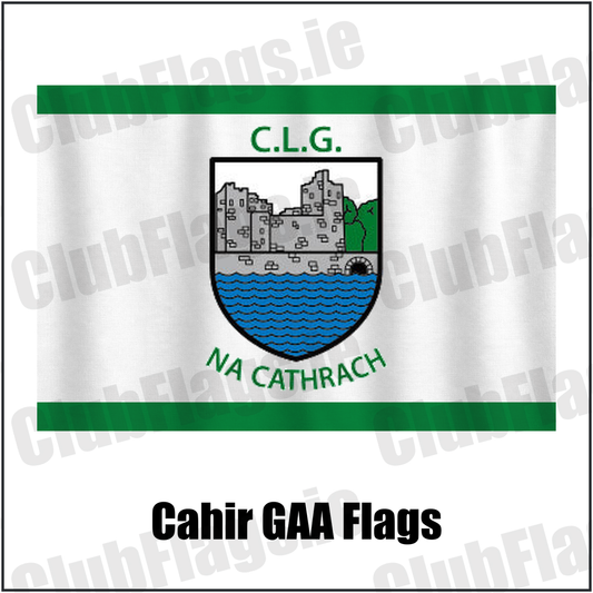 Cahir GAA Flags, featuring the club crest and green and white colours; County Tipperary GAA. ClubFlags.ie.