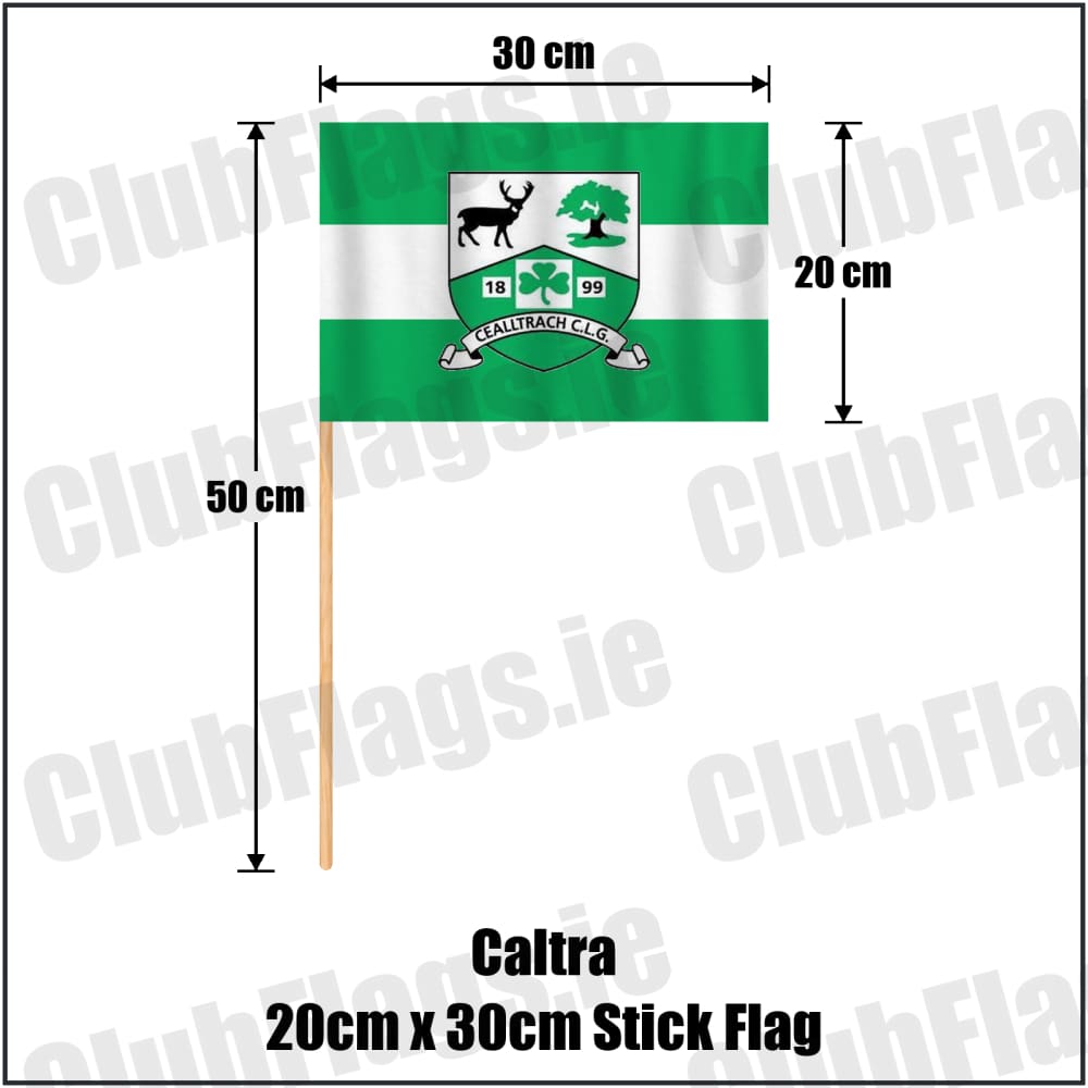 Caltra 20cm x 30cm Stick Flag in green and white, featuring the club crest on realistic fabric with gentle vertical folds; County Galway GAA. ClubFlags.ie.