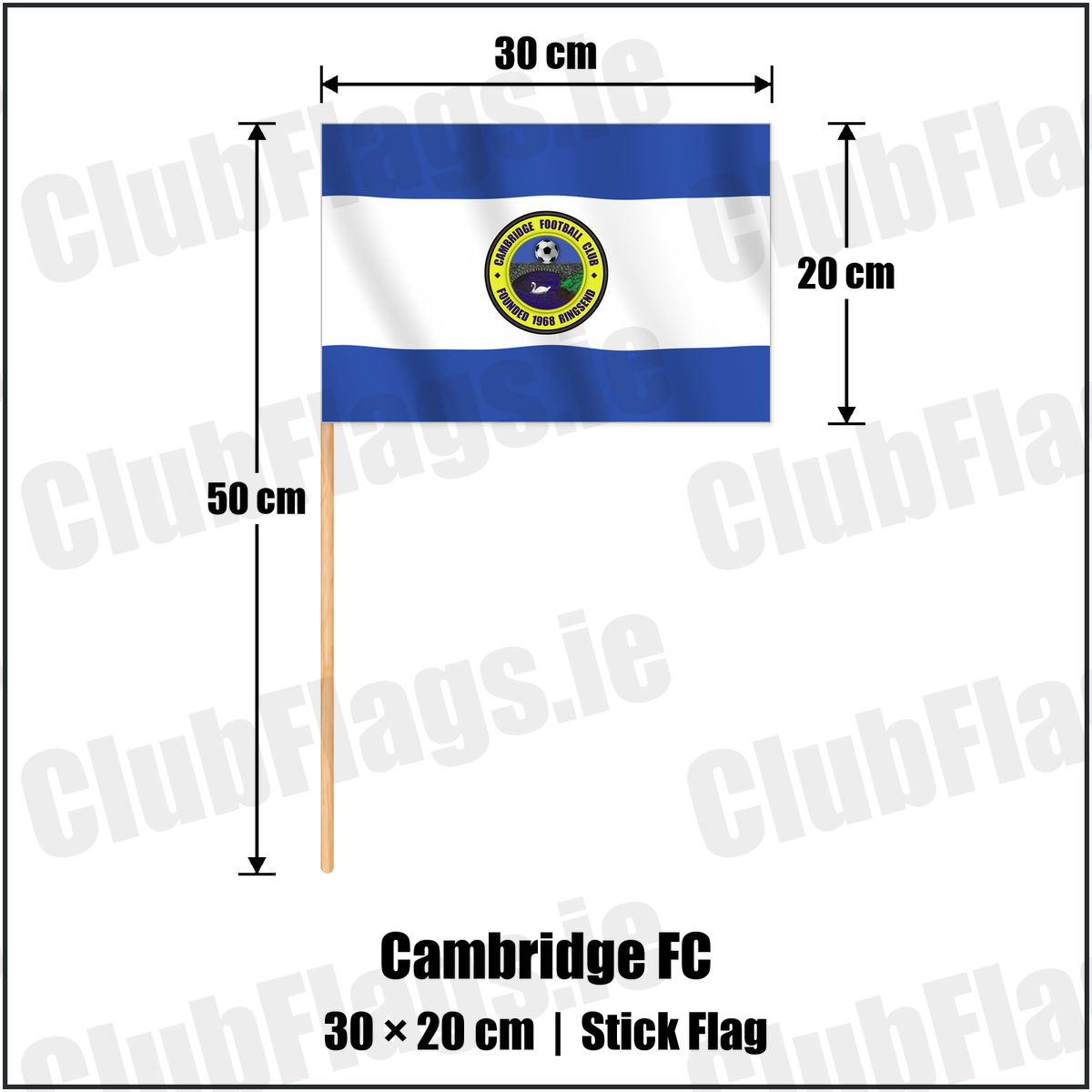 Cambridge FC 20cm x 30cm Stick Flag with the club crest and colours, Dublin Football - ClubFlags.ie