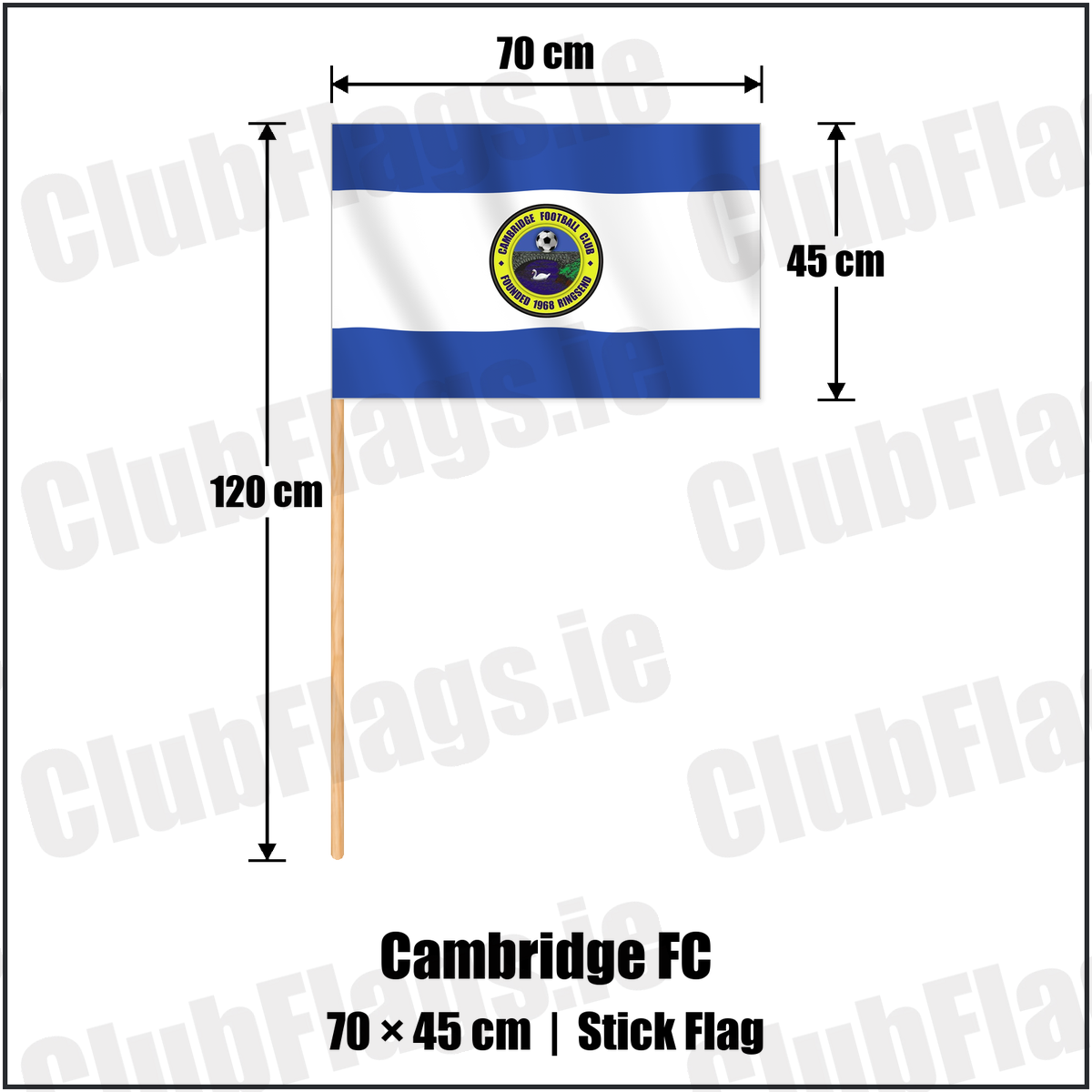 Cambridge FC 45cm x 70cm Stick Flag with the club crest and colours, Dublin Football - ClubFlags.ie