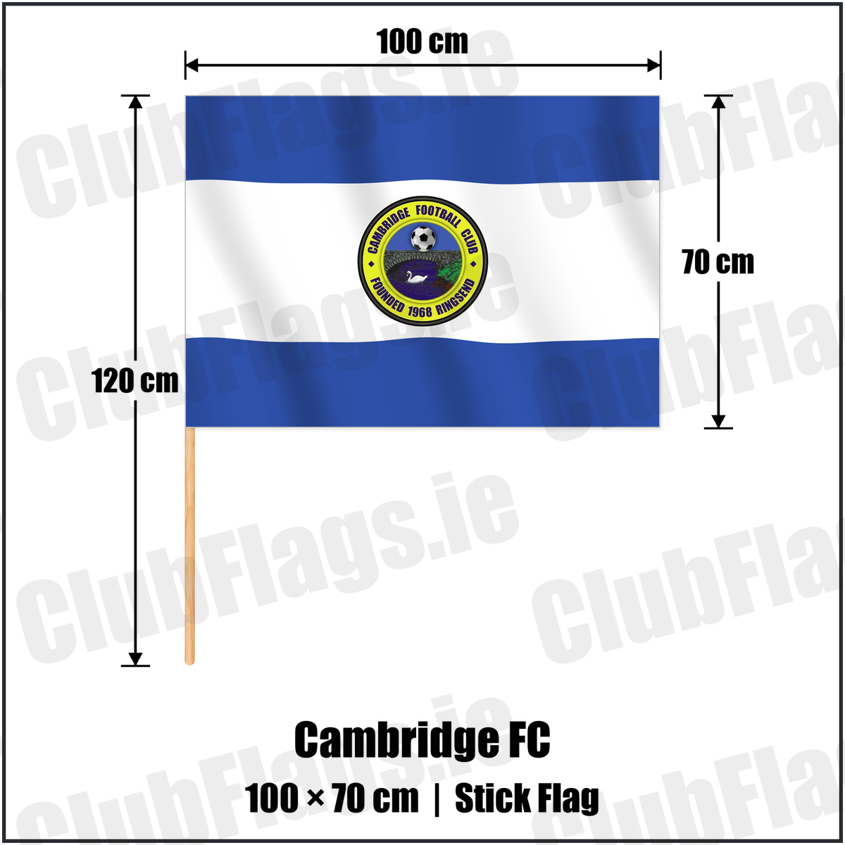 Cambridge FC 70cm x 100cm Stick Flag with the club crest and colours, Dublin Football - ClubFlags.ie