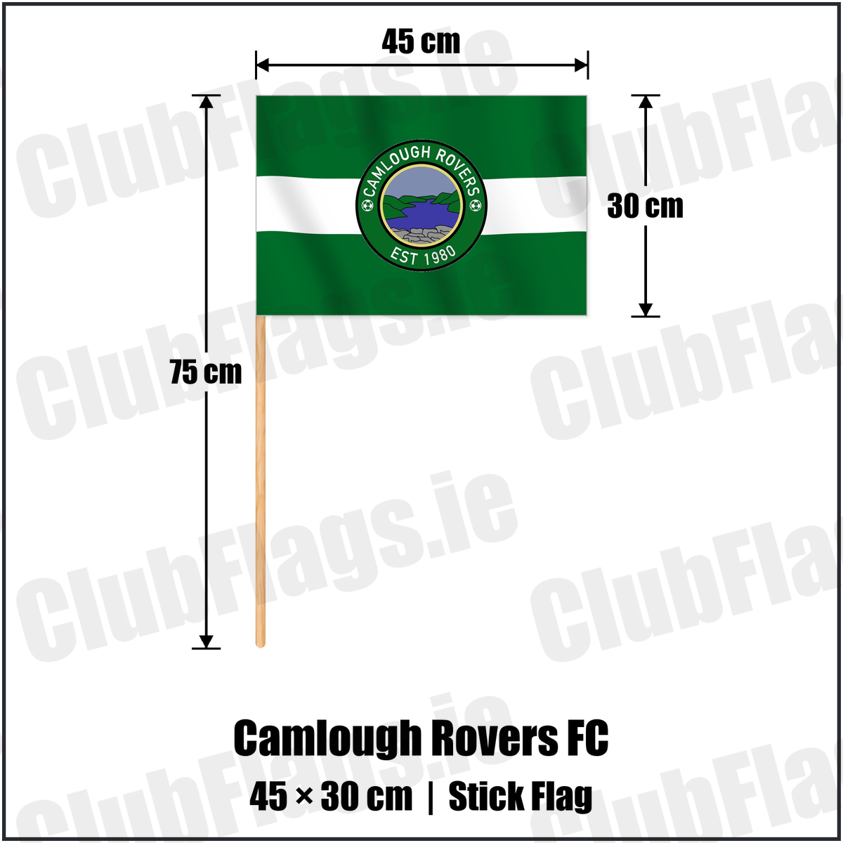 Camlough Rovers FC 30cm x 45cm Stick Flag with the club crest and colours, Armagh Football - ClubFlags.ie