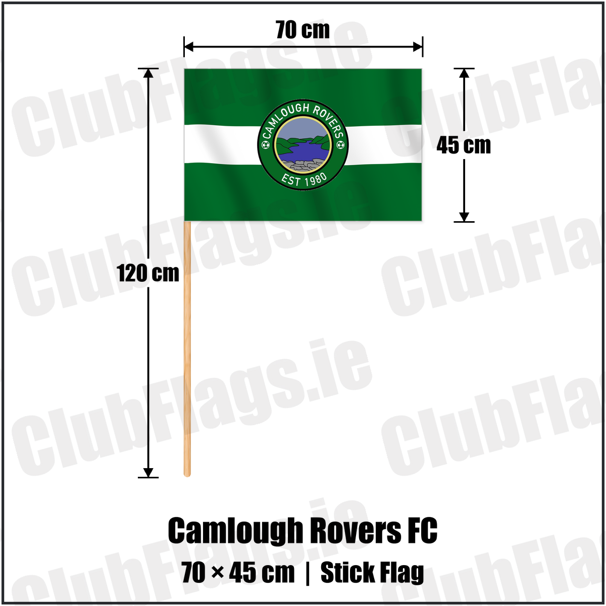 Camlough Rovers FC 45cm x 70cm Stick Flag with the club crest and colours, Armagh Football - ClubFlags.ie