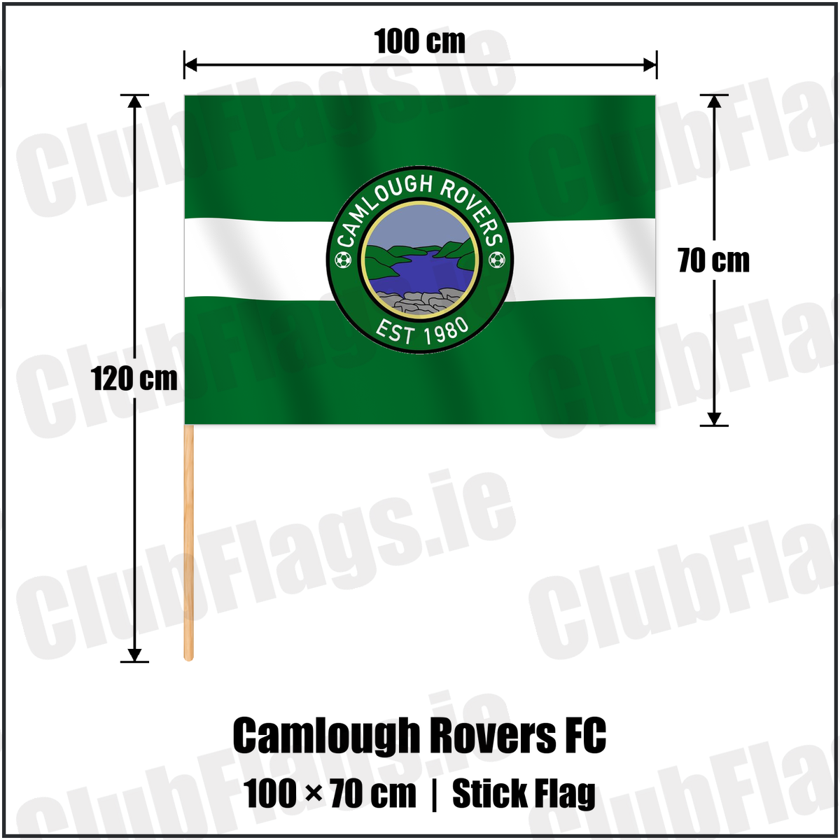Camlough Rovers FC 70cm x 100cm Stick Flag with the club crest and colours, Armagh Football - ClubFlags.ie