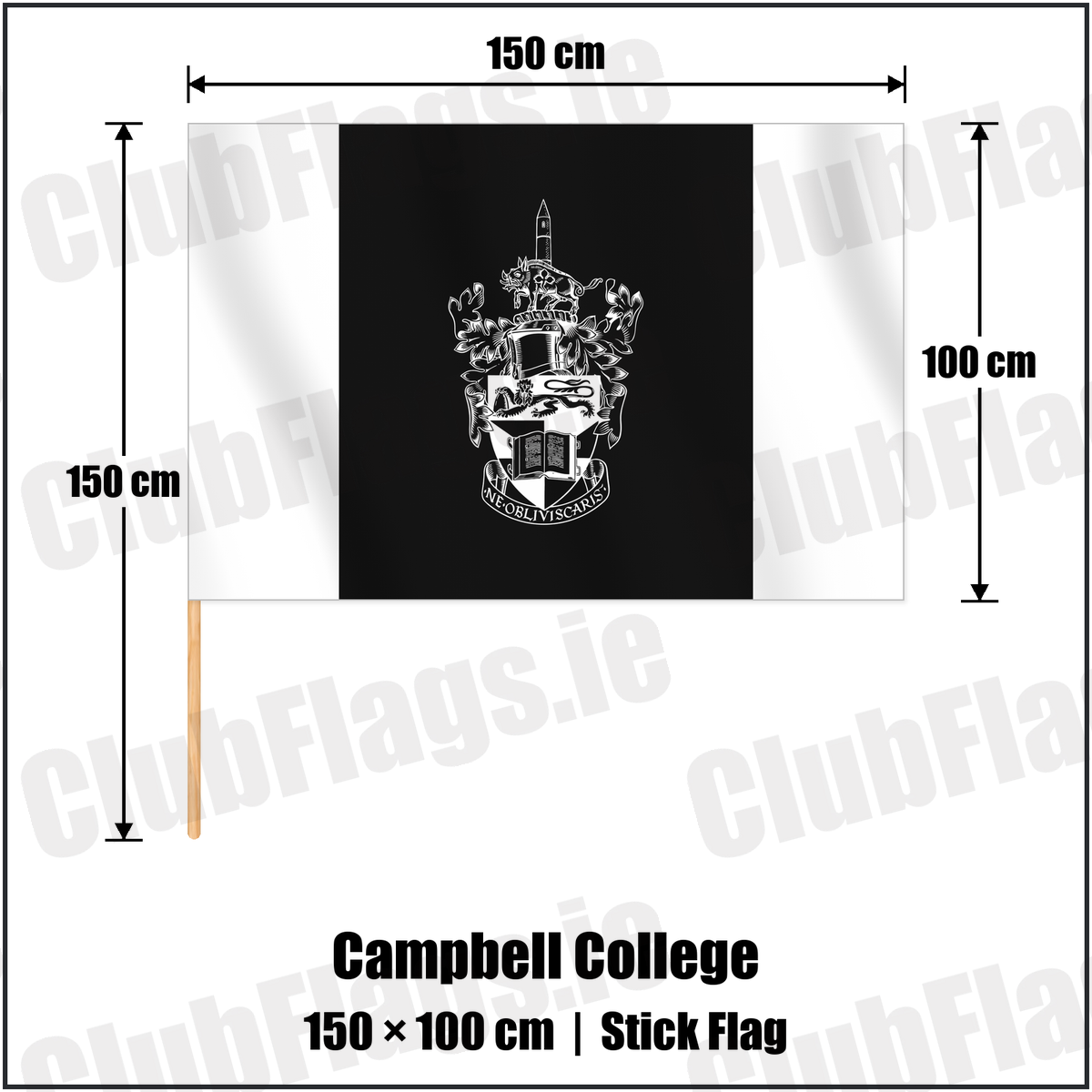 Campbell College 100cm x 150cm Stick Flag with the club crest and colours, Down Rugby - ClubFlags.ie
