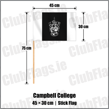 Campbell College 30cm x 45cm Stick Flag with the club crest and colours, Down Rugby - ClubFlags.ie
