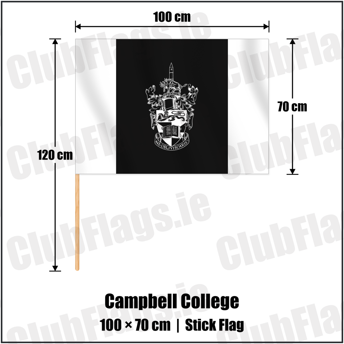Campbell College 70cm x 100cm Stick Flag with the club crest and colours, Down Rugby - ClubFlags.ie