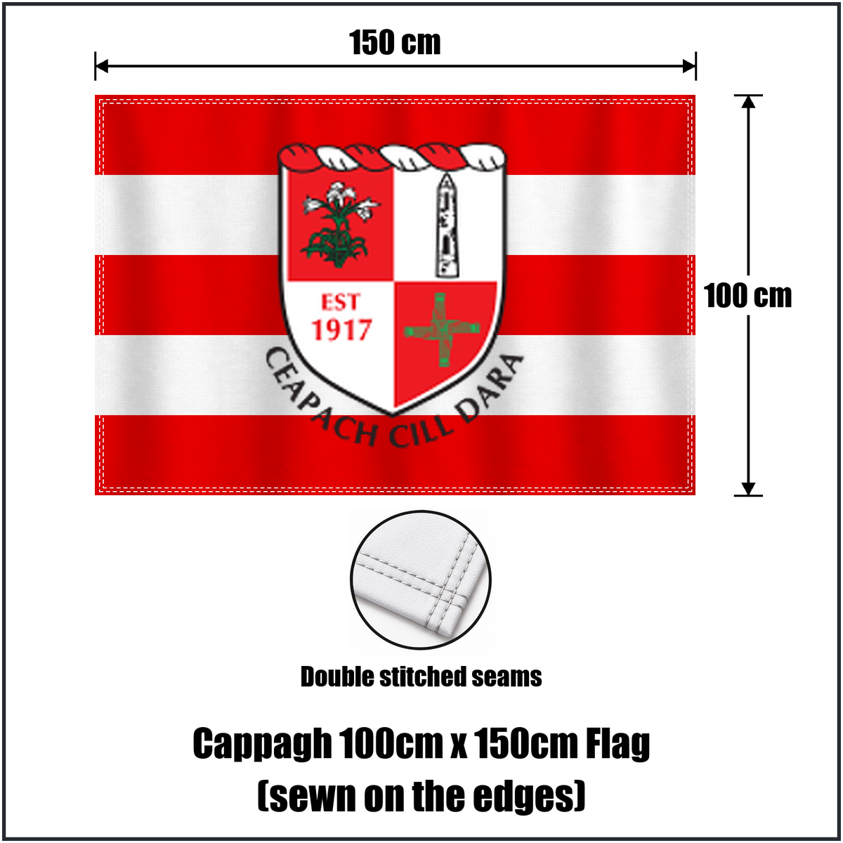 Cappagh 100cm x 150cm Flag (sewn on the edges), featuring the club crest and red and white colours; County Kildare GAA. ClubFlags.ie.