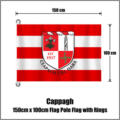 Cappagh 150cm x 100cm Flag Pole Flag with Rings, featuring the club crest and red and white colours; County Kildare GAA. ClubFlags.ie.