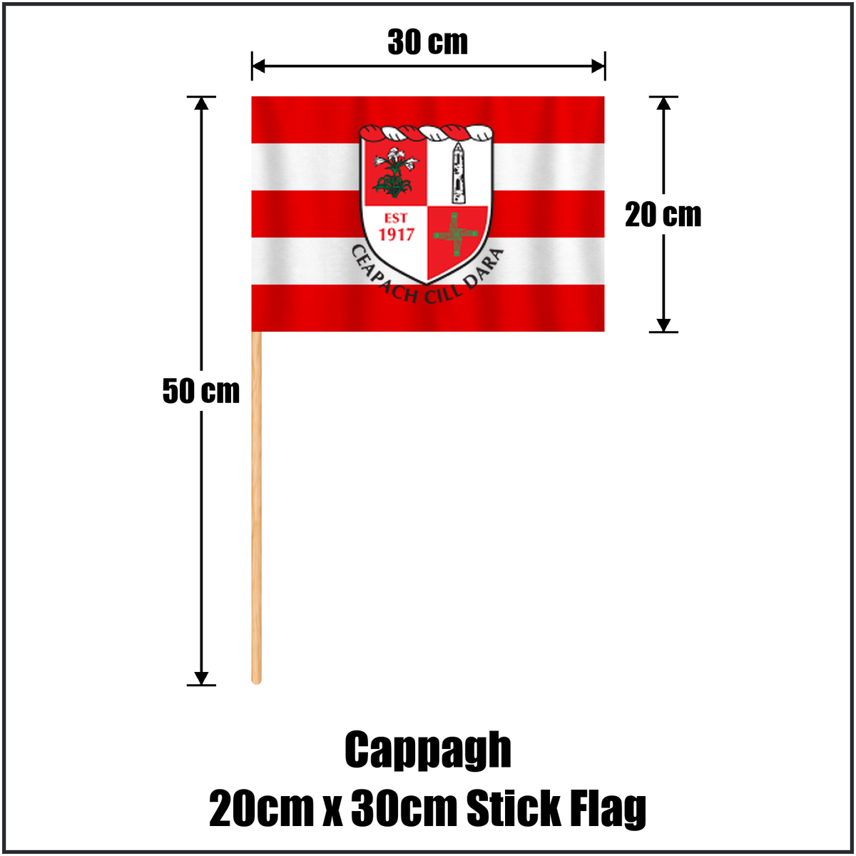 Cappagh 20cm x 30cm Stick Flag, featuring the club crest and red and white colours; County Kildare GAA. ClubFlags.ie.