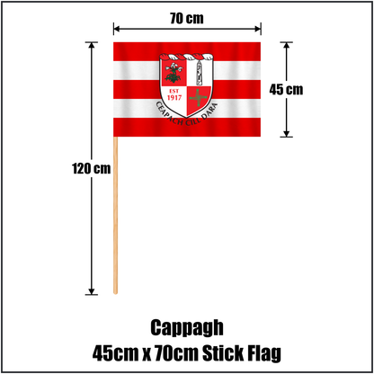 Cappagh 45cm x 70cm Stick Flag, featuring the club crest and red and white colours; County Kildare GAA. ClubFlags.ie.