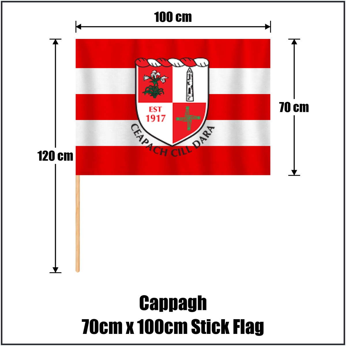 Cappagh 70cm x 100cm Stick Flag, featuring the club crest and red and white colours; County Kildare GAA. ClubFlags.ie.