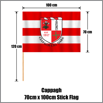 Cappagh 70cm x 100cm Stick Flag, featuring the club crest and red and white colours; County Kildare GAA. ClubFlags.ie.